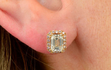 A pair of 18ct gold rectangular-shape diamond and brilliant-cut 'pink' diamond cluster earrings.