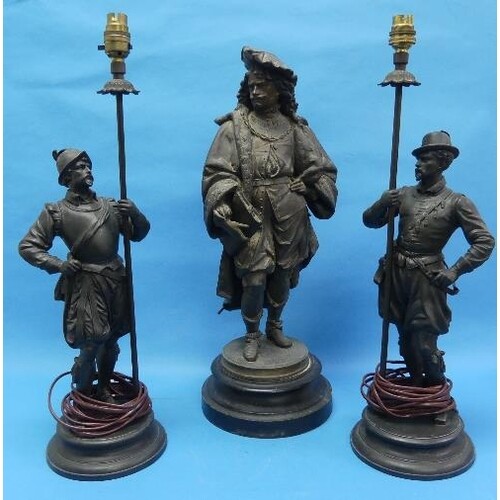 A pair of 20thC spelter Figural Lamps, depicting two well dr...
