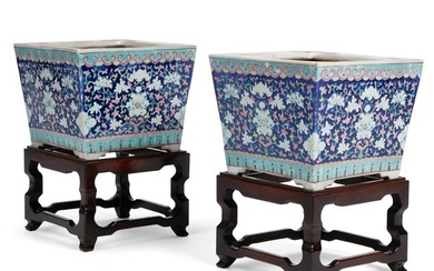 A pair of Chinese blue ground jardinieres