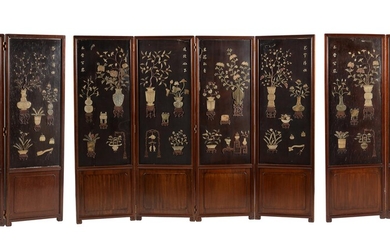 A pair of Chinese hardwood screens with hardstone inlay