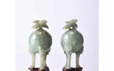 A pair of Chinese jadeite censers, late Qing Dynasty Of glob...