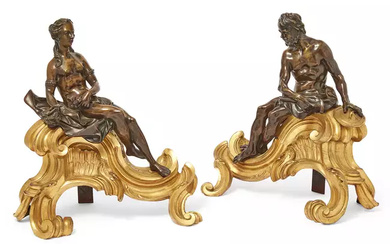 A pair of French gilt and patinated bronze figural chenets,...