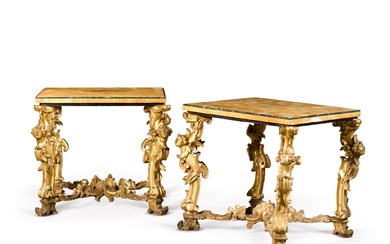 A pair of Italian carved giltwood console tables, Rome, mid-18th...
