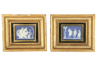 A pair of Jasperware blue and white rectangular plaques, in the Wedgwood style