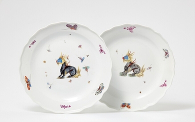 A pair of Meissen porcelain plates from a dinner service with mythical creatures