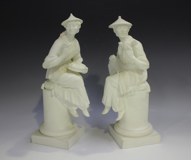 A pair of Royal Worcester biscuit porcelain chinoiserie figures, circa 1966 and 1967, modelled by Az