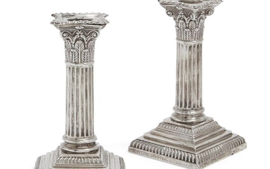 A pair of Victorian silver Corinthian column candlesticks, London, c.1897,...
