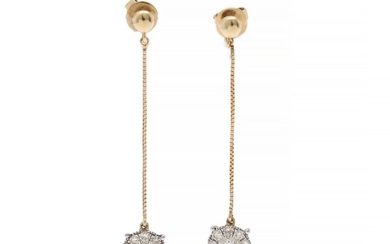 A pair of diampnd ear pendants each set with numerous brilliant-cut diamonds, mounted in 14k gold. Diam. app. 7 mm. L. app. 4 cm. (2)