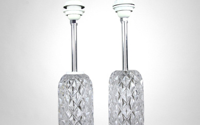 A pair of glass table lamps, white metal, with label, Kosta, 20th century.