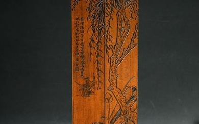A pair of mahogany pasted with bamboo springs and shallow engraved spring water Wenfang town rulers
