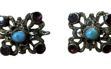 A pair of ornate sterling silver turquoise and amethyst earrings.Condition...