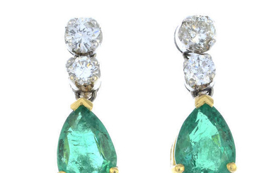A pair of pear-shape emerald and graduated brilliant-cut diamond articulated line earrings.