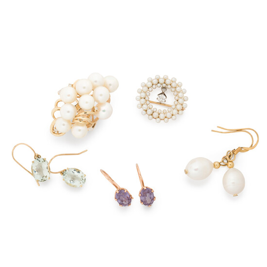 A pair of pearl and gemstone gold jewelry