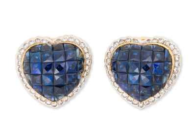A pair of sapphire, diamond and eighteen karat gold earclips