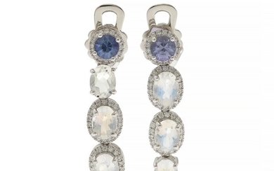 A pair of tanzanite and moon stone ear pendants each set with a tanzanite, three moonstones and numerous diamonds, mounted in 18k white gold. (2)