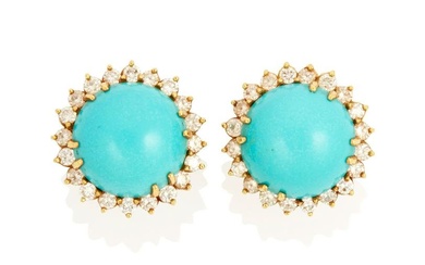 A pair of turquoise and diamond earrings