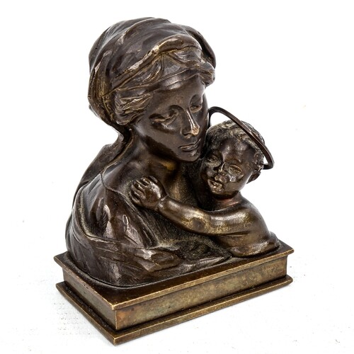 A patinated bronze sculpture, Madonna with infant Christ, un...