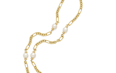 A pearl and pavé diamond station necklace