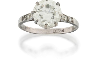 A platinum, diamond single stone ring, the single brilliant-cut diamond weighing approximately 2.50 carats, in claw-set mount to single-cut diamond three stone shoulders, hoop stamped plat, c.1930, approx. ring size L