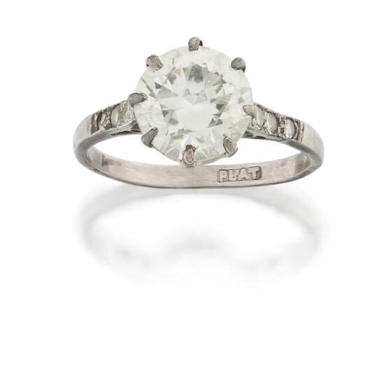 A platinum, diamond single stone ring, the single brilliant-cut diamond weighing approximately 2.50 carats, in claw-set mount to single-cut diamond three stone shoulders, hoop stamped plat, c.1930, approx. ring size L