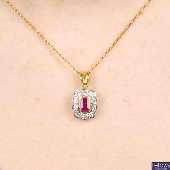 A rectangular-shape ruby and brilliant-cut diamond cluster pendant, with chain.