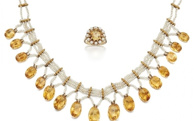 A seed pearl and citrine necklace and a citrine and cultured pearl ring, the necklace with seed pearl three row front suspending a fringe of graduated oval drilled citrines, to a seed pearl two row back section, length 38.0cm; the ring with single...