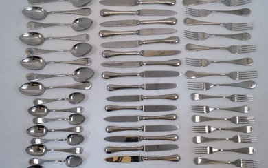 A set of Inox stainless steel flatware for eight comprising: 8 table forks; 8 dessert forks; 8 table spoons; 8 dessert spoons; 8 table knives; and 8 dessert knives (a lot)