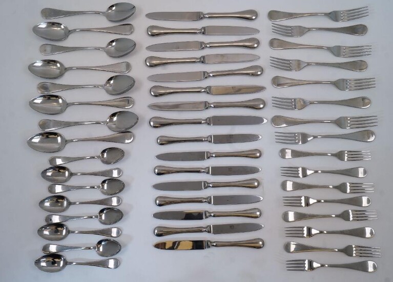 A set of Inox stainless steel flatware for eight comprising: 8 table forks; 8 dessert forks; 8 table spoons; 8 dessert spoons; 8 table knives; and 8 dessert knives (a lot)