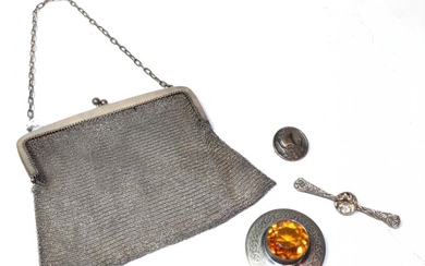 A silver mesh purse, a kilt pin, an Iona silver...