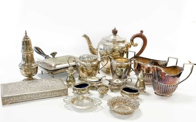 A silver three-piece tea set, together with a small collection of silver and silver plated wares