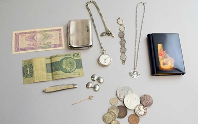 A small collection of silver, coins, jewellery and bijouterie