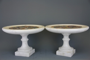 A superb pair of semi-precious stone pietra dura decorated marble comports, Dia. 36cm H. 24cm.