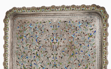 A tray, Persian, silver with polychrome enamel decor of foliage, flowers and birds. First half of the 20th century.