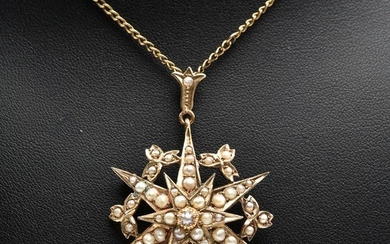 AN ANTIQUE SEED PEARL STAR BURST PENDANT (AUSTRALIAN HALLMARKS) TO A GOLD PLATED CHAIN