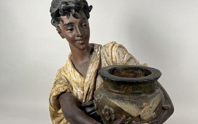 AN EARLY 20TH CENTURY LARGE BUST OF A WOMAN CARRYING WATER, 21" X 14' X 9"