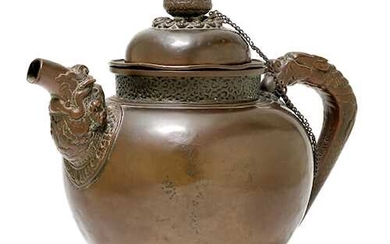 AN EMBOSSED COPPER TEAPOT.