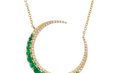 AN EMERALD AND DIAMOND CRESCENT MOON NECKLACE in yellow gold, the pendant designed as a crescent ...