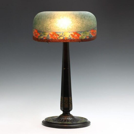 AN EMERALITE BANKER'S LAMP WITH COLORFUL BELLOVA SHADE