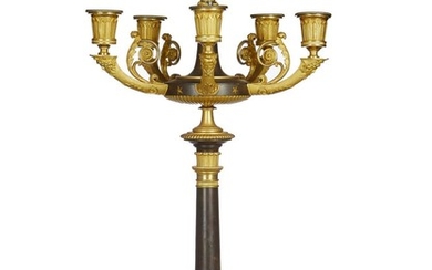 AN EXCEPTIONAL DIRECTOIRE PERIOD GILT BRONZE AND PATINATED BRONZE CANDLEABRA