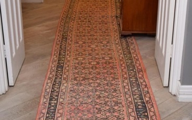 AN EXTRA-LONG & HARD-WEARING PERSIAN HOSSAINABAD HALL RUNNER. 100% WOOL PILE. HAND-KNOTTED VILLAGE WEAVE WITH TRIBAL DESIGN OF ALL-...