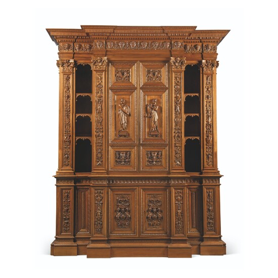 AN ITALIAN RENAISSANCE-REVIVAL FRUITWOOD AND WALNUT LARGE BOOKCASE-CABINET