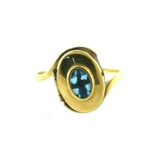 ANTIQUE 9k Yellow Gold Blue Topaz Poison Ring Circa