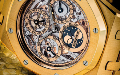 AUDEMARS PIGUET. A GORGEOUS 18K GOLD AUTOMATIC SKELETONISED PERPETUAL CALENDAR WRISTWATCH WITH MOON PHASES, LEAP YEAR INDICATION AND BRACELET