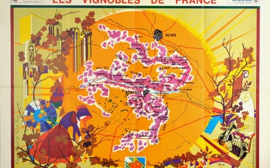 Advertising Poster Champagne Vineyards France French Wine Illustrated Map....