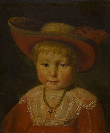 After Pieter Soutman, Dutch 1580-1657- Portrait of a child with a red lined straw hat; oil on panel, 37.5 x 32.2 cm. Provenance: Private Collection. Note: After the original by Soutman, conceived in c.1635-40, and held in the StÃ¤del Museum in...