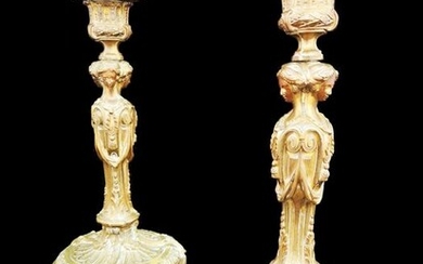 After a model by Jean-Démosthène Dugourc - after Pierre Gouthière - Louis XVI Style - Pair Of Ormolu Caryatid Candlesticks - 19th century