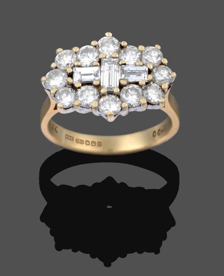 An 18 Carat Gold Diamond Cluster Ring, three baguette cut...