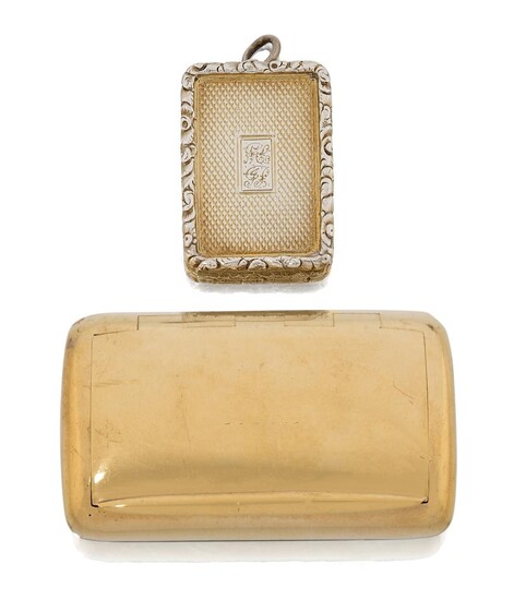 An 18ct gold Victorian snuff box, maker WS, of rounded rectangular form, approx. length 5.5cm, and a miniature parcel gilt silver vinaigrette with pendant loop, Birmingham, 1835, Gervaise Wheeler, of engine-turned rectangular design with applied...