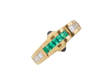 An 18ct gold calibre-cut emerald and diamond dress ring, wit...