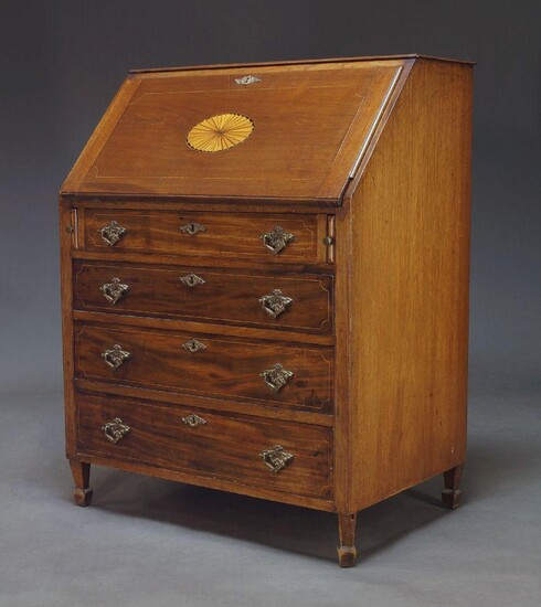 An Edwardian mahogany and line inlaid bureau, the fall with oval fan inlay, enclosing fitted interior over four long drawers, on square tapering legs with spade feet, 104cm high, 80.5cm wide and 51.5cm deep.